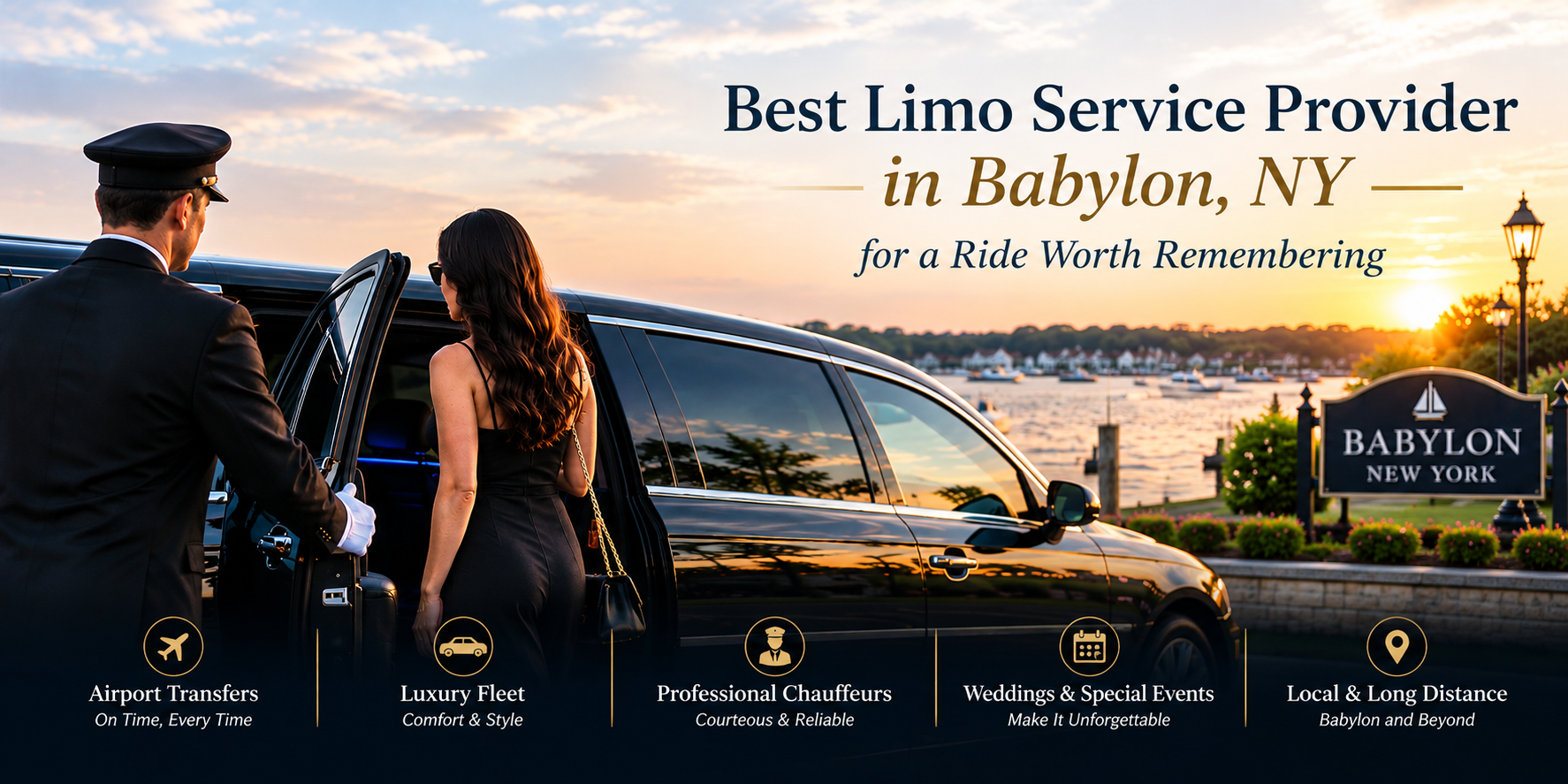 Luxury limo service provider in Babylon, NY offering airport transfers, professional chauffeurs, weddings, special events, and local transportation.